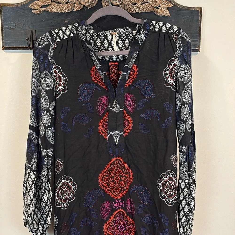 Free People High Low Mixed Print Paisley Geometric Tunic Midi Dress Size XS